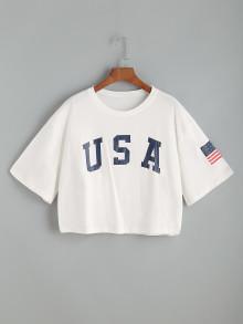 Romwe Usa Flag Print Drop Shoulder Crop Tee