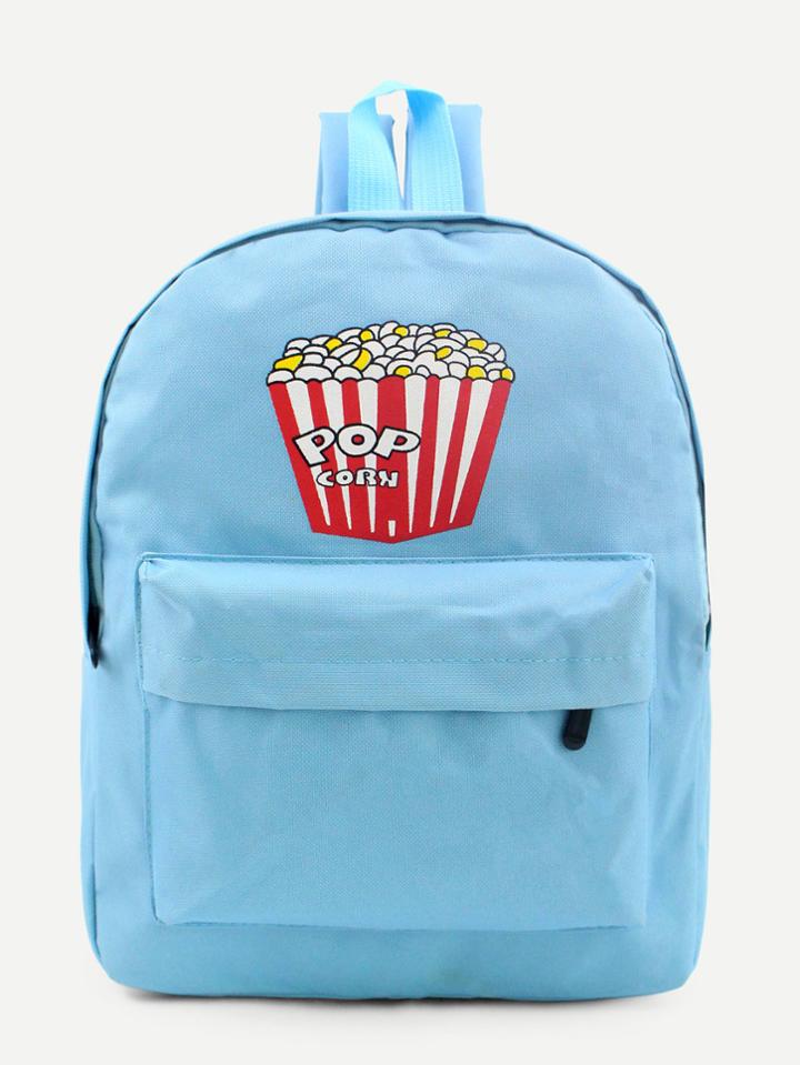 Romwe Blue Popcorn Print Front Zipper Nylon Backpack
