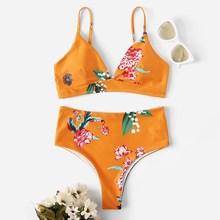Romwe Random Flower Print Top With High Waist Bikini