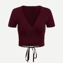 Romwe Tie Detail Wrap Crop T-shirt