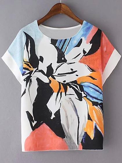 Romwe Multicolor Short Sleeve Flower Print Blouse