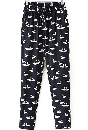 Romwe Drawstring Swan Print Slim Pant