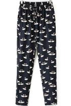 Romwe Drawstring Swan Print Slim Pant