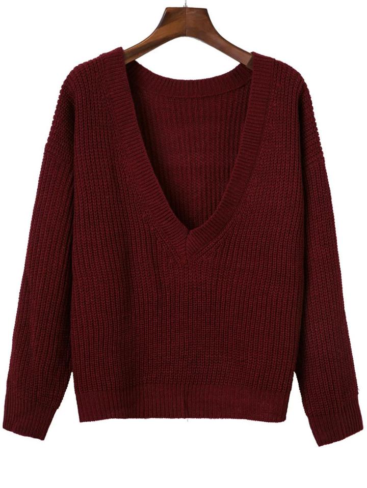 Romwe Burgundy Ribbed V Neck Drop Shoulder Sweater