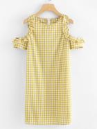 Romwe Open Shoulder Ruffle Plaid Dress