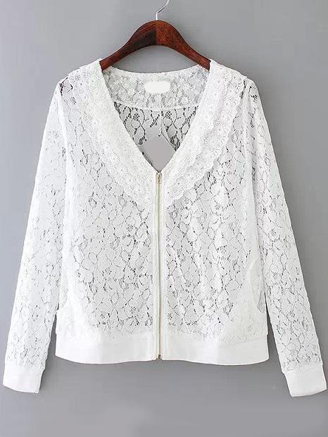 Romwe V Neck Zipper Lace Coat