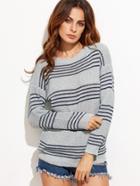 Romwe Grey Striped Drop Shoulder Seam Sweater