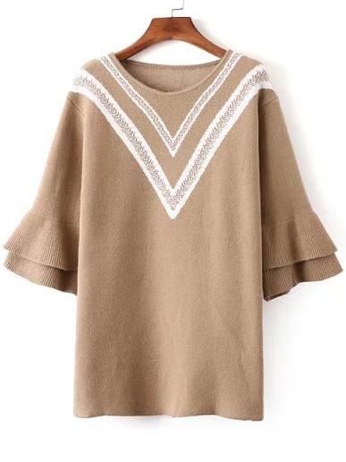 Romwe Bell Sleeve Chevron Pattern Camel Sweater Dress