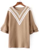 Romwe Bell Sleeve Chevron Pattern Camel Sweater Dress