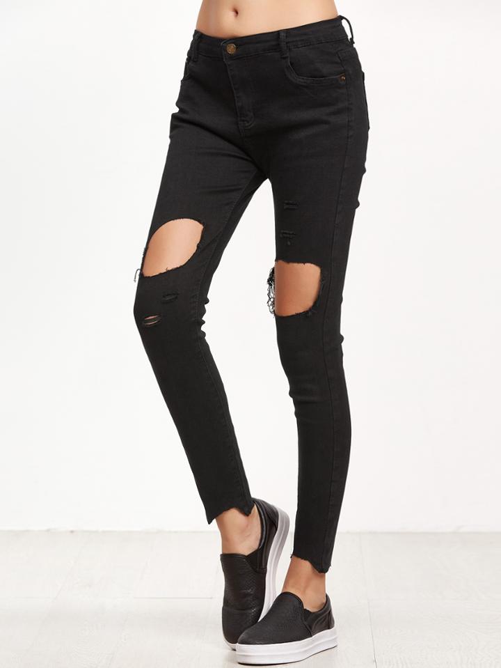 Romwe Black Distressed Frayed Hem Skinny Jeans