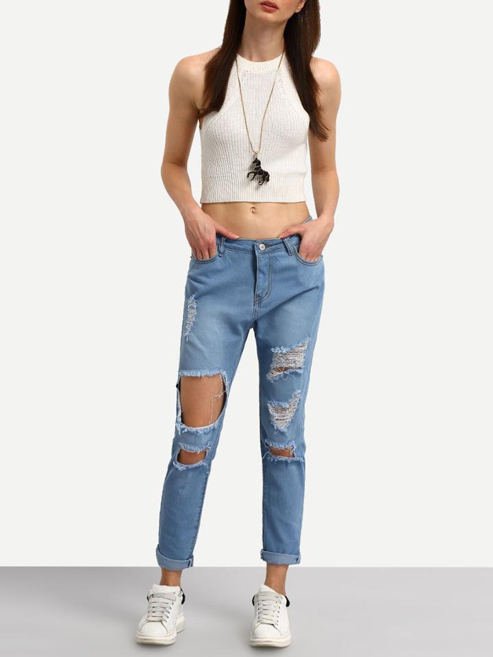 Romwe Destructed Roll Hem Light Blue Jeans