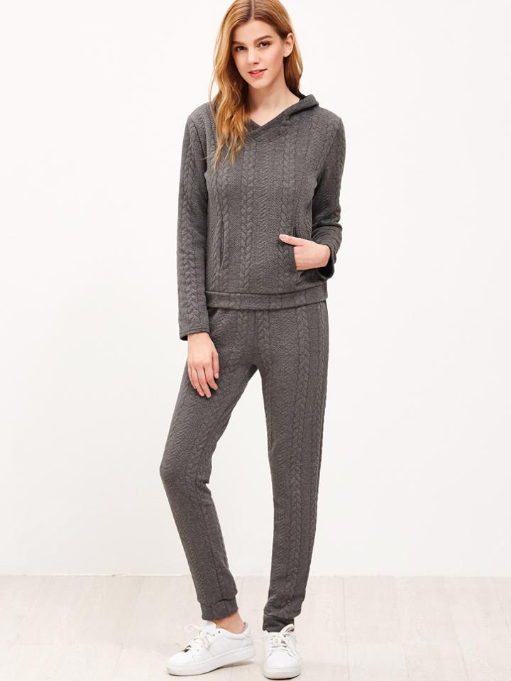 Romwe Dark Grey Hooded Cable Pattern Sweatshirt With Pants
