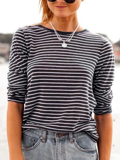 Romwe Long Sleeve Striped Black T-shirt