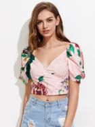 Romwe Puffed Sleeve Overlap Front Mixed Print Top