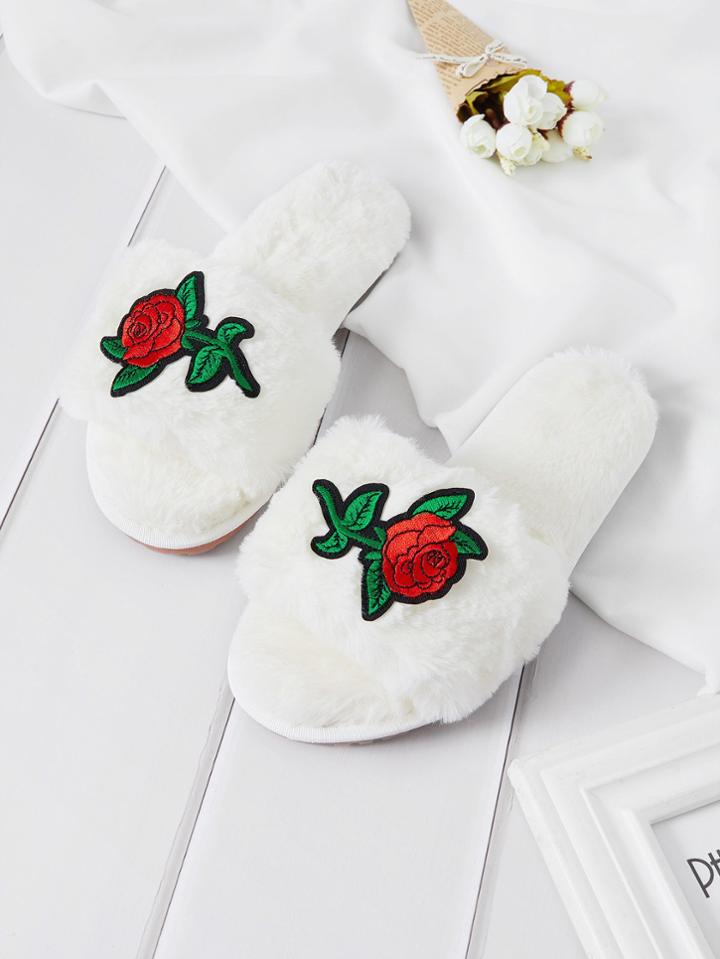 Romwe Rose Embroidery Faux Fur Slippers