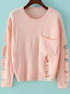 Romwe Ripped Knit Pocket Pink Sweater