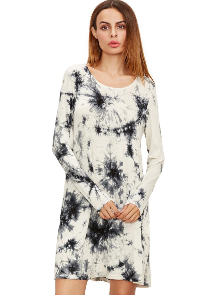 Romwe Black And White Ink Print Tie-dye Long Sleeve Dress