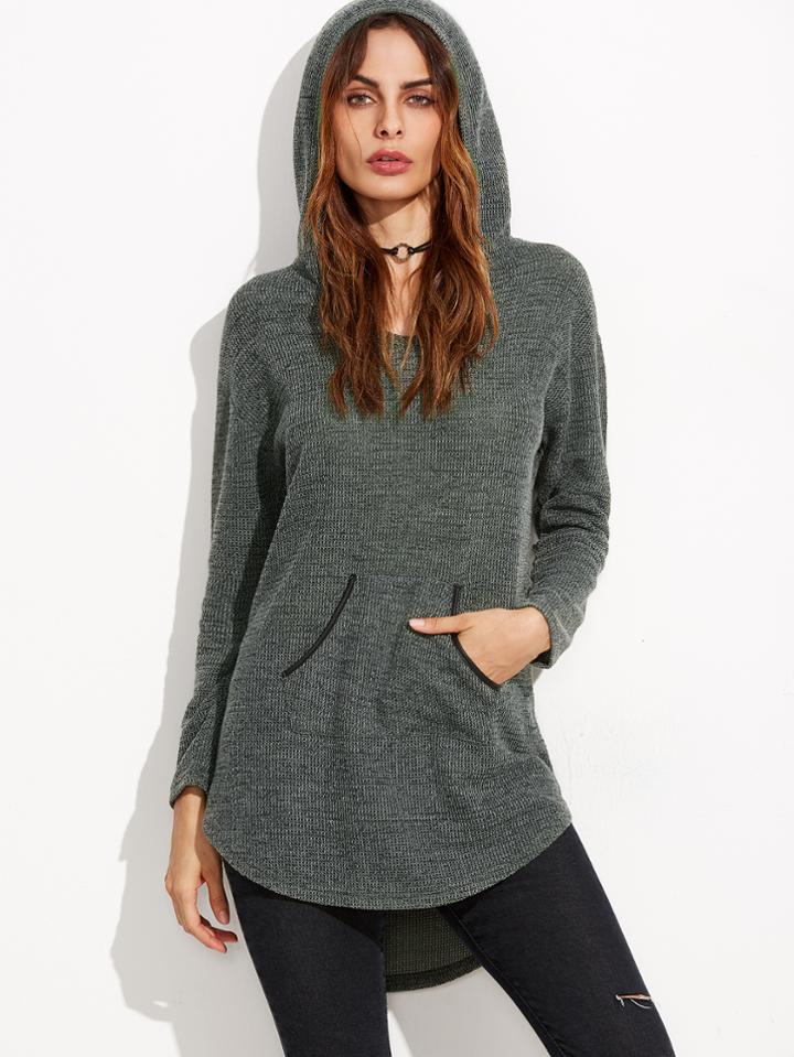 Romwe Olive Green Curved Dip Hem Hoodie With Pocket