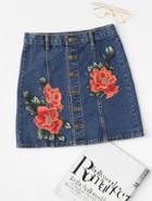 Romwe Flower Appliques Button Front Denim Skirt