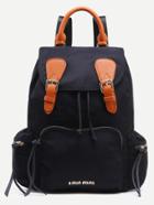 Romwe Black Dual Buckled Strap Flap Drawstring Backpack