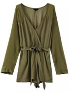 Romwe Deep V Neck Army Green Romper With Belt