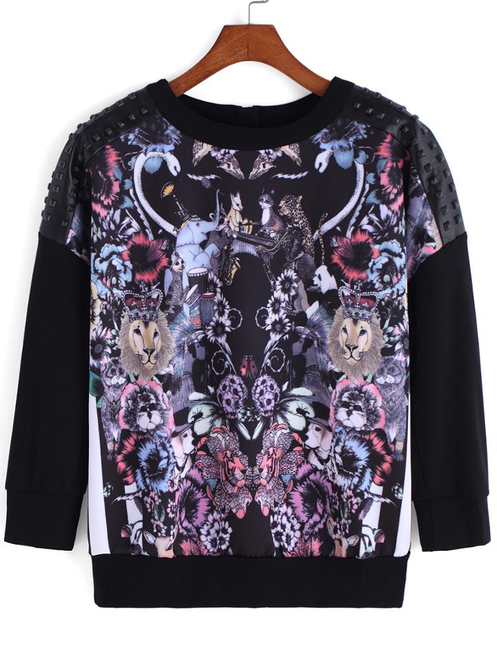 Romwe Animal Print Rivets Sweatshirt