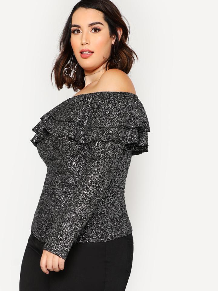 Romwe Sparkle Accent Layered Flounce Bardot Top