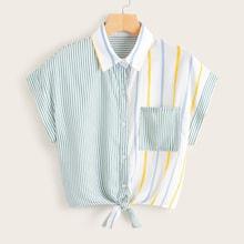 Romwe Vertical-striped Knot Hem Blouse