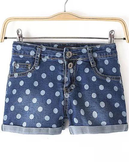 Romwe Polka Dot Flange Denim Shorts