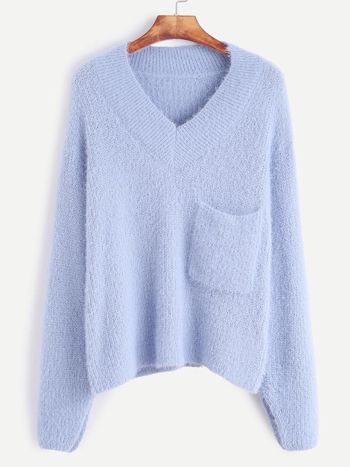 Romwe Light Blue V Neck Pocket Fuzzy Sweater