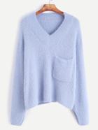 Romwe Light Blue V Neck Pocket Fuzzy Sweater