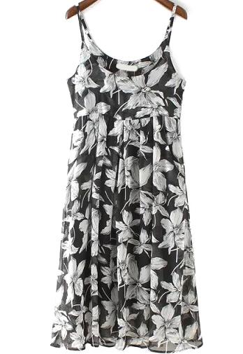 Romwe Spaghetti Strap Flower Print Chiffon Shift Dress