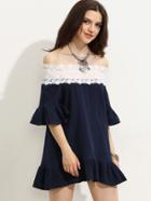 Romwe Navy Appliques Contrast Off The Shoulder Ruffle Dress