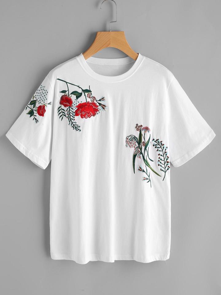 Romwe Flower Embroidered Short Sleeve Tee