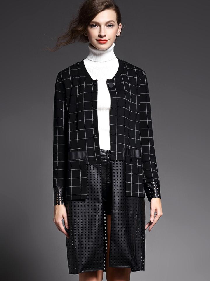 Romwe Black Round Neck Long Sleeve Contrast Pu Pockets Coat