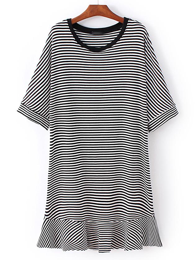 Romwe Black And White Mix Stripe Ruffle Hem Dress