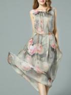 Romwe Grey Sleeveless Floral Print Drawstring Maxi Dress