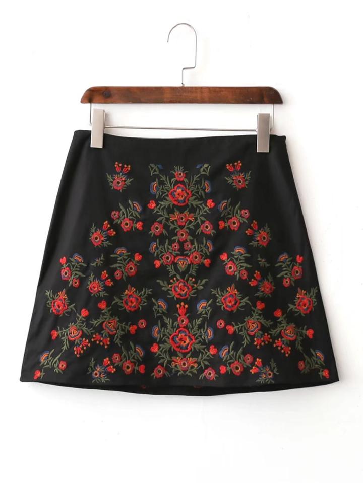 Romwe Flower Embroidery Side Zipper Skirt