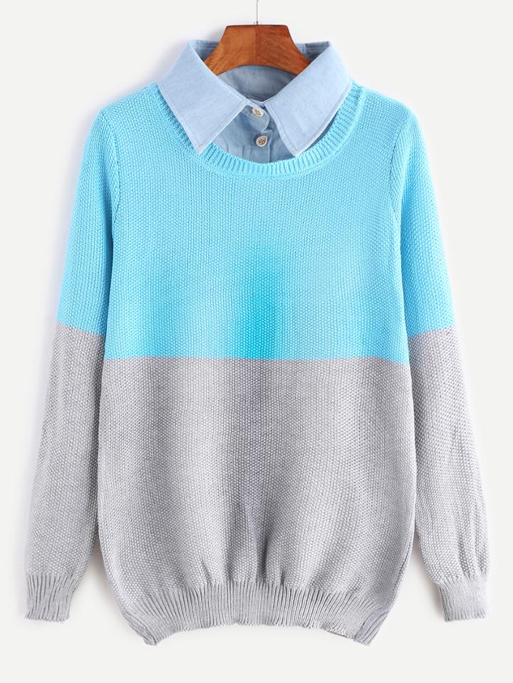 Romwe Color Block Contrast Shirt Collar 2 In 1 Sweater