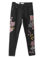 Romwe Black Flower Embroidery Skinny Jeans