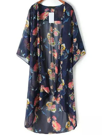 Romwe Elbow Sleeve Florals Chiffon Top