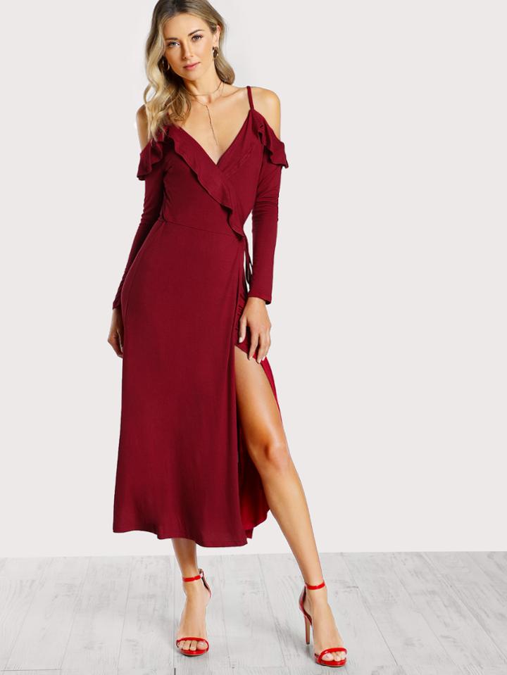 Romwe Cold Shoulder Frilled Surplice Wrap Dress