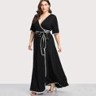 Romwe Plus Contrast Binding Self Belted Wrap Dress