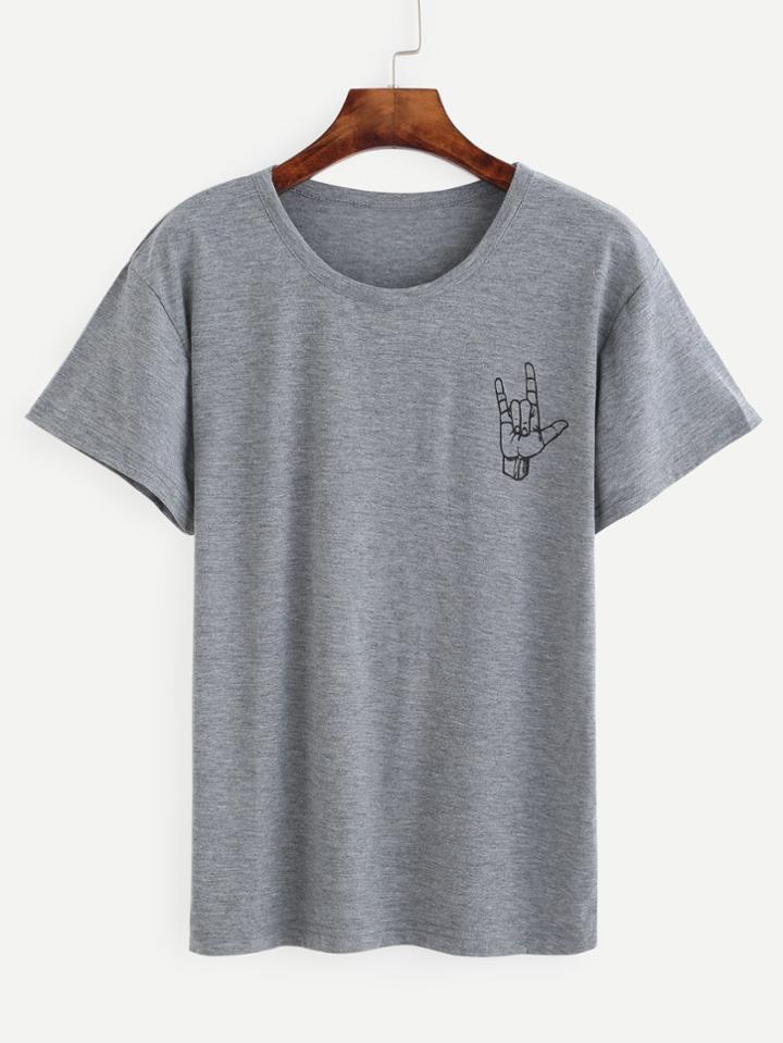 Romwe Heather Grey Love Gesture Print T-shirt