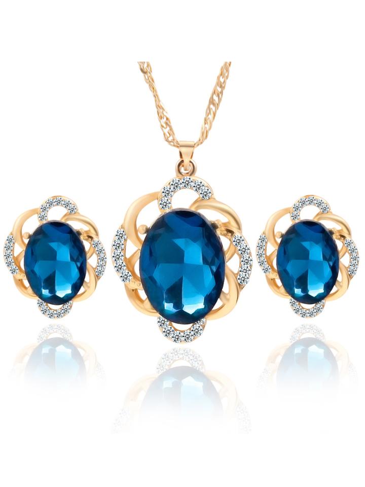 Romwe Blue Crystal Rhinestone Jewelry Set
