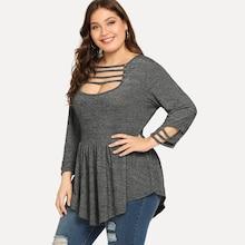 Romwe Plus Ladder Cut Out Ruffle Hem Longline Tee