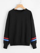 Romwe Striped Ribbon Patched Sleeve Pullover