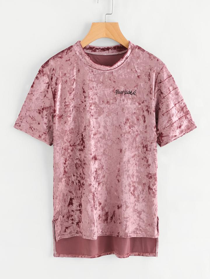 Romwe Side Split Dip Hem Velvet Tee