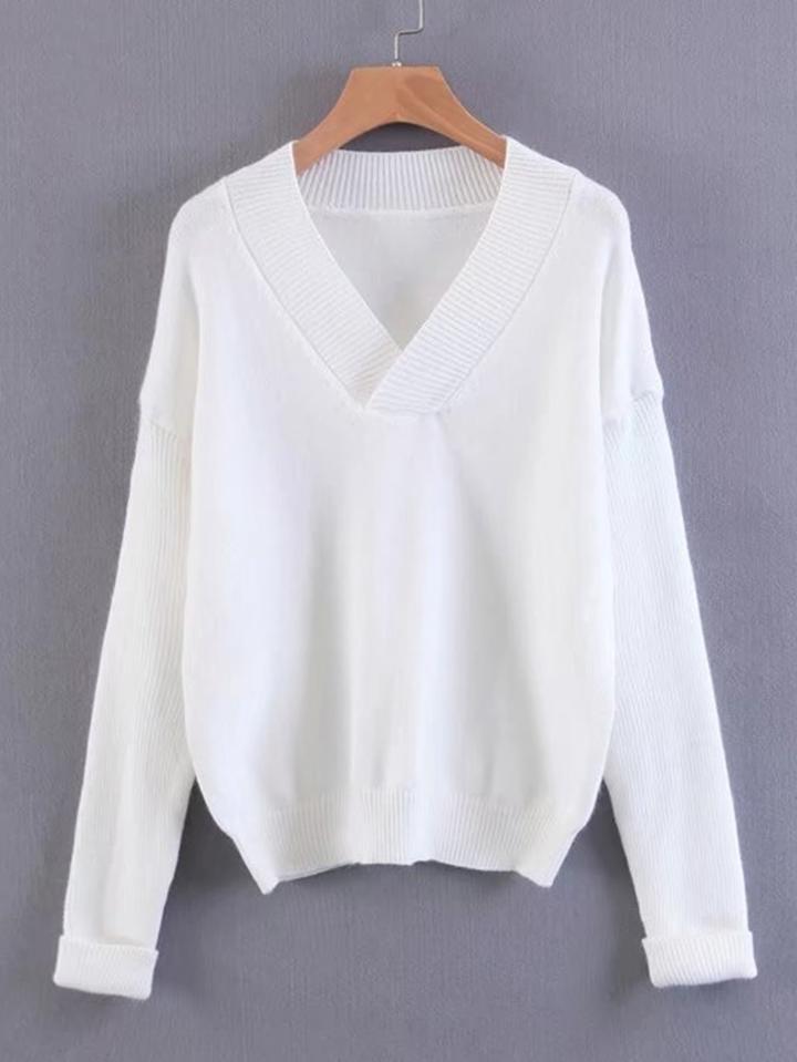 Romwe V Neckline Ribbed Knit Sweater