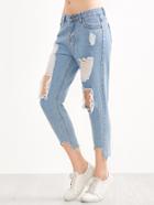 Romwe Blue Distressed Asymmetric Hem Jeans